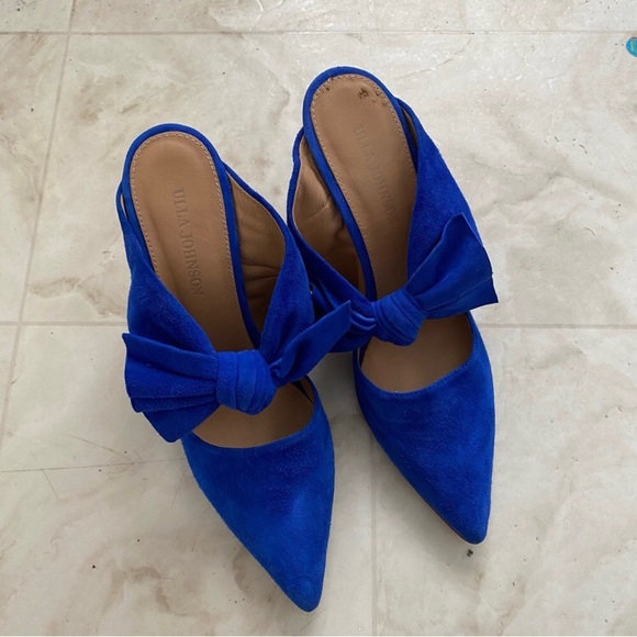 $550 Ulla Johnson Lucia Blue Suede Bow Pointed Toe Block Heels Mules size 9.5 - Picture 5 of 13